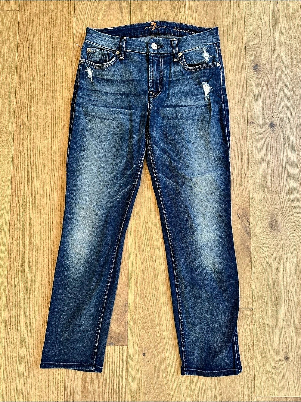 7 For All Mankind Kimmie Crop Distressed Skinny Jeans Blue Waist 28